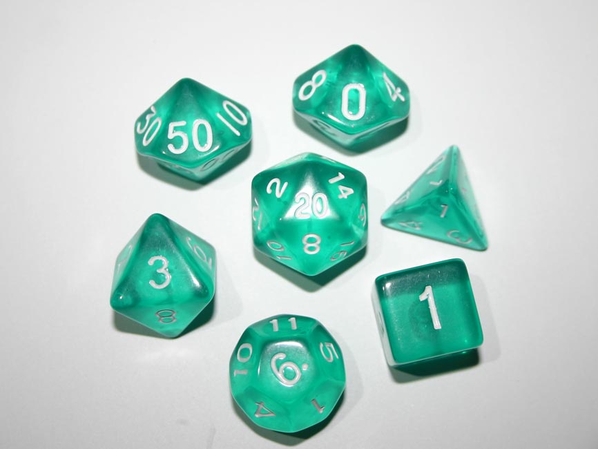 Polyedrische Würfel Set – Grün-blau Transparent, 7-teilig Plus Bonus D20, In Aufbewahrungsröhre
